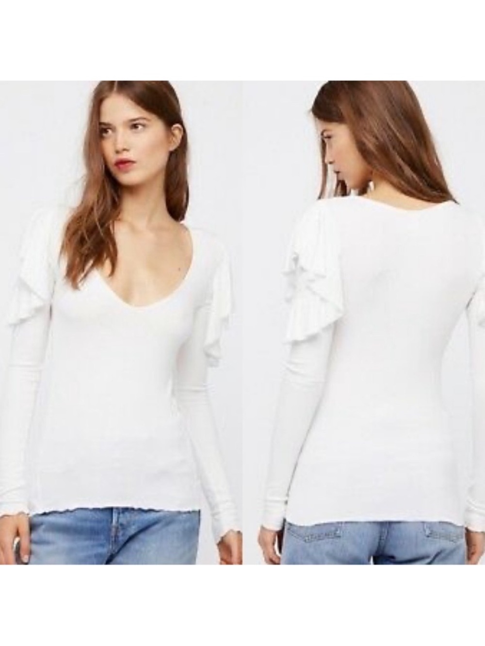We The Free Free People White Scoop Neck Long Sleeve Top with Ruffle Sleeves